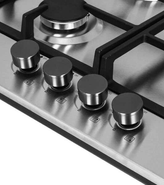 Газовая варочная панель Evelux HEG 633 X Hi-Tech, 60 см, 4 конфорки, чугунные решетки, газ-контроль, электроподжиг, механическое управление, нержавеющая сталь