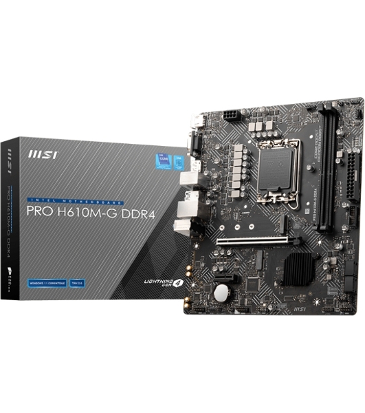 Материнская плата MSI PRO H610M-G, LGA 1700, Intel H610, 2xDDR5, 4xSATA, 1xM.2, 1xPCIe 4.0 x16, 1xPCIe 3.0 x1, 1xHDMI, 1xDP, 1xVGA, 1xRJ45 1Gb, 2xUSB-A 3.2 Gen 1, 4xUSB-A 2.0, 3x3.5мм, 7.1, mATX
