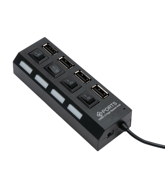 Разветвитель USB2.0 Gembird 4xUSB, блок питания 2А, подсветка и выкл, кабель USB 55 см, черный