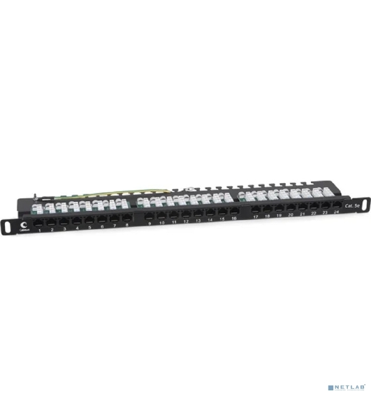 Комм. патч-панель Cabeus, 19', 0,5HU, портов: 24 х RJ45, кат. 5е, неэкр., черный, (PLHD-24-Cat.5e-Dual-90-0,5U)