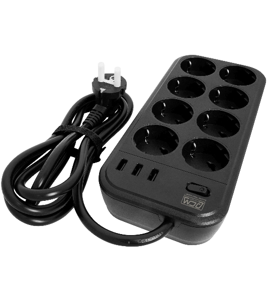 Сетевой фильтр Powercom SP-08 USB03AB 1,8 m 1.8м, 8 розеток, черный, коробка