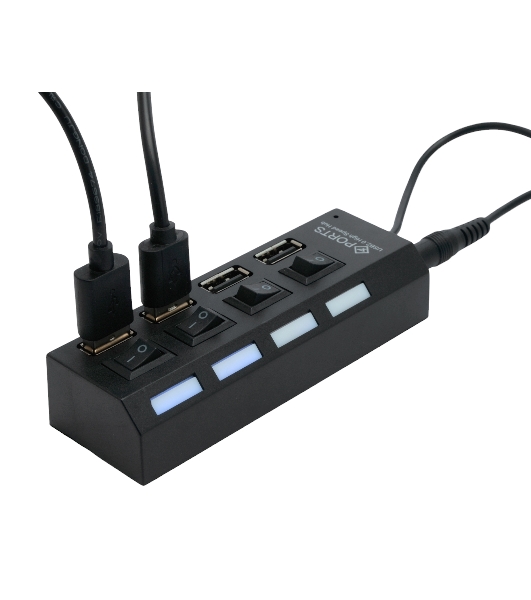 Разветвитель USB2.0 Gembird 4xUSB, блок питания 2А, подсветка и выкл, кабель USB 55 см, черный