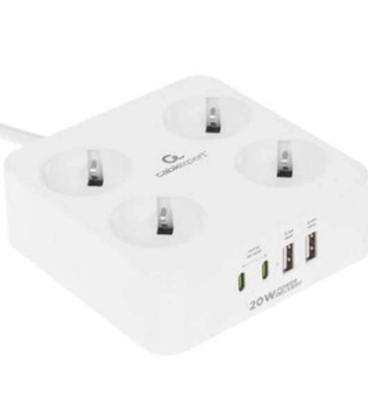 Сетевой фильтр Cablexpert Plate, PLT-4-C2U2-W-3, 4р, 10А, 2xType-C PD, 20Вт, 2xUSB, 2.4A, 3 м, ур. защиты 4+, белый, коробка