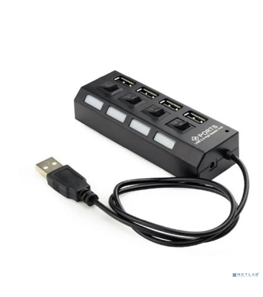 Разветвитель USB2.0 Gembird 4xUSB, блок питания 2А, подсветка и выкл, кабель USB 55 см, черный