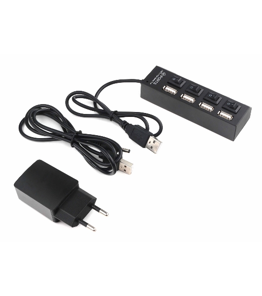 Разветвитель USB2.0 Gembird 4xUSB, блок питания 2А, подсветка и выкл, кабель USB 55 см, черный