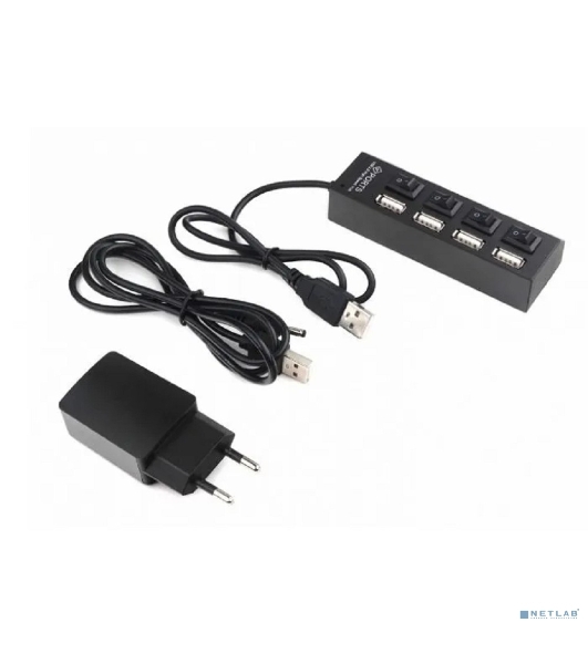 Разветвитель USB2.0 Gembird 4xUSB, блок питания 2А, подсветка и выкл, кабель USB 55 см, черный