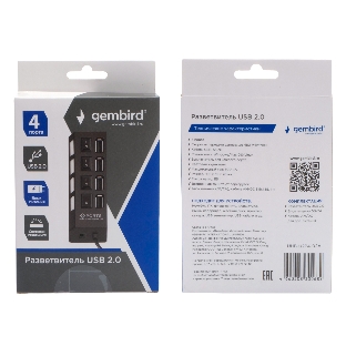 Разветвитель USB2.0 Gembird 4xUSB, блок питания 2А, подсветка и выкл, кабель USB 55 см, черный