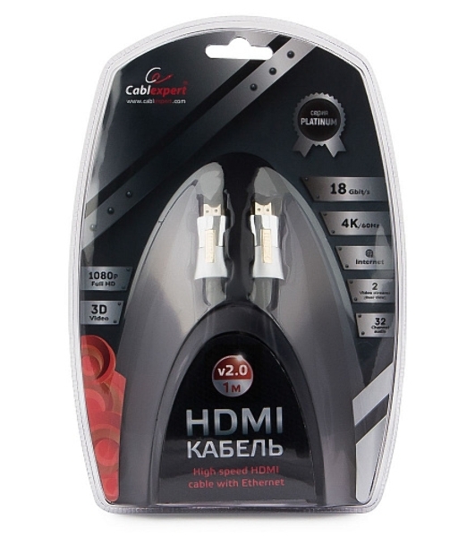Кабель Cablexpert HDMI, серия Platinum, 1 м, v2.0, M/M, позол.разъемы, металлический корпус, ферритовые кольца, блистер