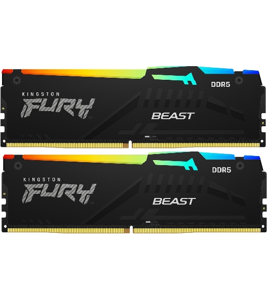 Оперативная память Kingston Fury Beast, DDR5, 32GB (2x16GB), 5200MHz, CL40, DIMM, с радиаторами, RGB, черный