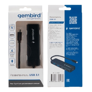 Разветвитель USB3.1 Gembird UHB-C425, 2xUSB, 2xType-C, с доп.питанием (порт Type-C), кабель Type-C 19см
