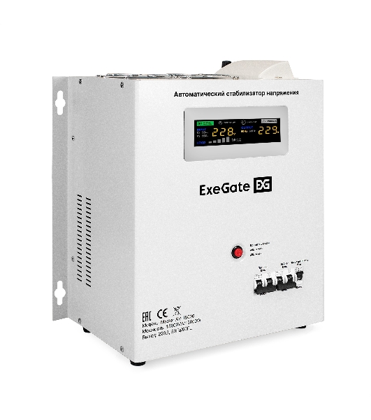 Стабилизатор напряжения настенный ExeGate Master AV-15000 (15000ВА, вход 140-260В, цветной дисплей, выход 220В±8%, КПД 98%, 5 уровней защиты, задержка, усиленный метал.корпус, 1*Schuko+клем.колодка, RTL)