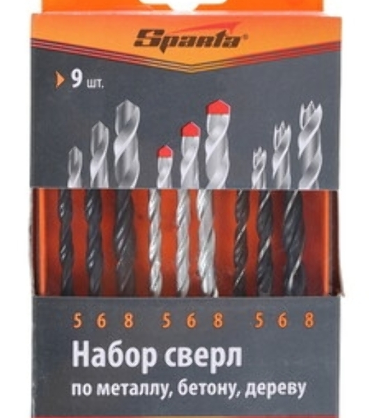 Набор сверл по бетону, металлу, дереву Sparta 4-5-6-8-10 мм, 15 шт. пласт. бокс, цилин. хвостовик
