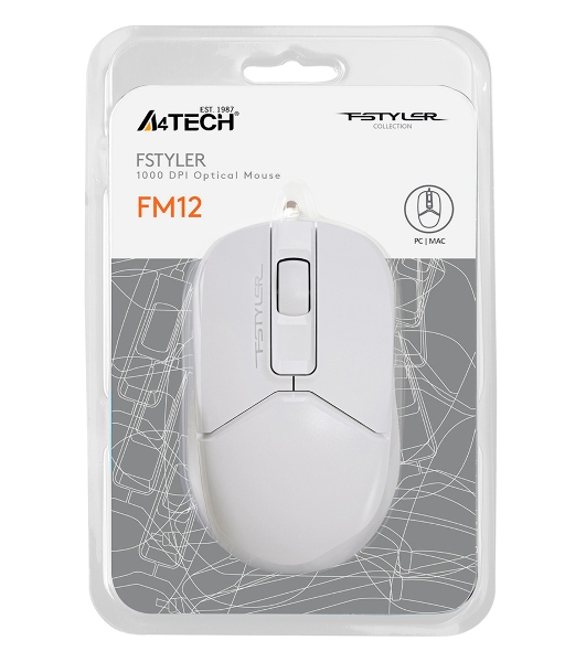Мышь проводная A4Tech Fstyler FM12 белый, 1200 dpi, USB, кнопки - 3