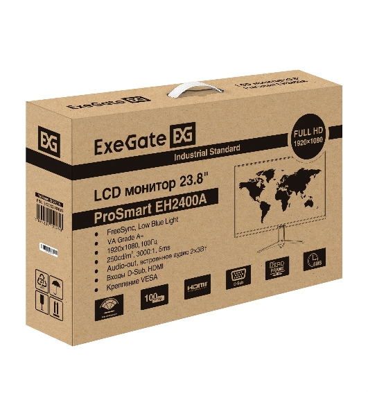 Монитор с аудио 23.8' 100 Гц ExeGate ProSmart EH2400A (VA LED Grade A+, FHD, 1920x1080@100Гц, 16:9, 250cd/m2, 4000:1, 178°/178°, 5ms, audio-out, Speakers, D-Sub, HDMI, FreeSync, Low Blue Light, кабель HDMI 1.5м, VESA, регулировка наклона (tilt), черный)