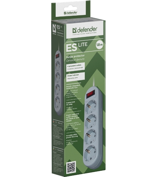 Сетевой фильтр Defender ES Lite, 1.8 м, 4 розетки, серый