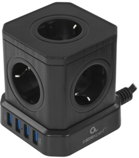 Сетевой фильтр Cablexpert Tower, TWR-5-U4-B-2, 5 р, 10А, 4хUSB, 3.1А, 2 м, ур.защиты 4+, черный, коробка
