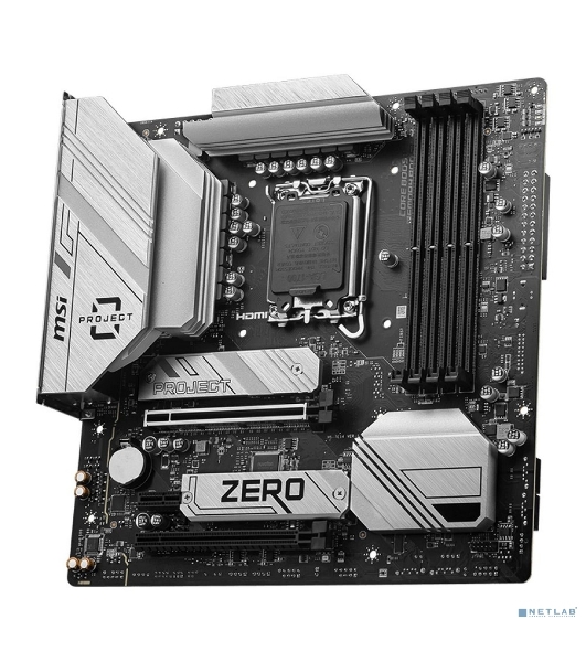 Материнская плата MSI B760M PROJECT ZERO,(Обратное подключение разъемов) LGA 1700, Intel B760, 4xDDR5, 4xSATA, 2xM.2, 1xPCIe 5.0 x16, 1xPCIe 4.0 x4, 1xPCIe x1, 1xHDMI, 1xDP, 3xUSB 3.2 Gen 2, 4xUSB 2.0, 1xUSB 3.2 Gen 2x2, 1x 2.5Gb LAN, 5x3.5 мм, 7.1, mATX
