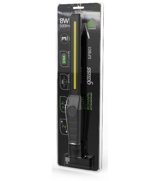 Фонарь автомобильный модель Gauss GFL801 8W 500Lm Li-ion 2100mAh диммируемый LED 1/12/24