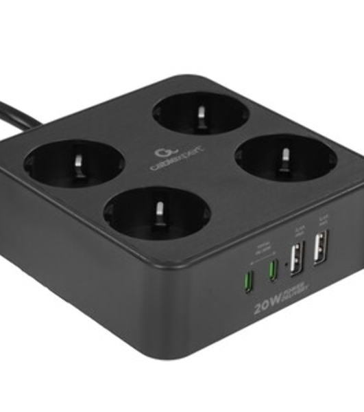 Сетевой фильтр Cablexpert Plate, PLT-4-C2U2-B-3, 4р, 10А, 2xType-C PD, 20Вт, 2xUSB, 2.4A, 3 м, ур. защиты 4+, черный, коробка