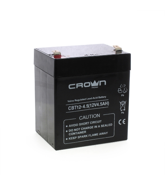 Батарея для ИБП CROWN CBT-12-4.5, напряжение 12В, емкость4,5 А/Ч, размеры (мм)90х70х101, вес 1,48 кг, тип клеммы - F2, тип АКБ - свинцово кислотная с загущеным электролитом в гель, срок службы 6 лет