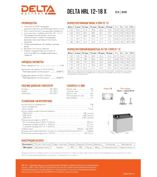 Батарея Delta HRL 12-18 X (17.8 А\ч, 12В) свинцово- кислотный аккумулятор