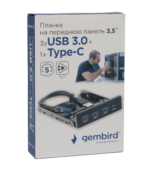 Планка USB 3.0 на переднюю панель 3.5' Gembird, FP3.5-USB3-3A1C, USB/Type-C, USB-A 3.0/Type-C