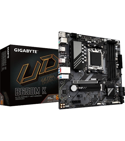 Материнская плата GIGABYTE B650M K, AM5, AMD B650, 4xDDR5, 4xSATA, 2xM.2, 1xPCIe 4.0 x16, 1xPCIe x1, 1xHDMI, 1xDP, 1x2.5Gb LAN, 1xUSB 3.2 Gen 2, 2xUSB 3.2 Gen 1, 4xUSB 2.0, 3x3.5 мм, 7.1, micro-ATX