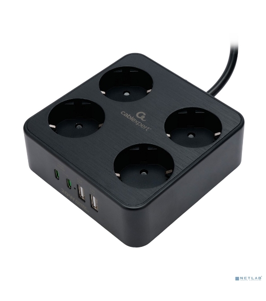 Сетевой фильтр Cablexpert Plate, PLT-4-C2U2-B-3, 4р, 10А, 2xType-C PD, 20Вт, 2xUSB, 2.4A, 3 м, ур. защиты 4+, черный, коробка