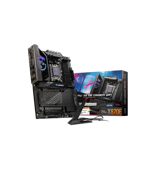 Материнская плата MSI MPG X870E CARBON WIFI, AM5, AMD X870E, 4xDDR5, 4xSATA, 4xM.2, 1xPCIe 5.0 x16, 1xPCIe 5.0 x4, 1xPCIe 4.0 x4, 1xHDMI, 2xUSB-C, 2x1Gb LAN, 9xUSB 3.2 Gen 2, 2xUSB4, 2x3.5 мм, 7.1, ATX