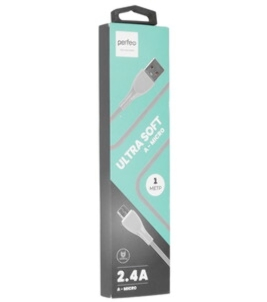 Кабель PERFEO USB A вилка - Micro USB вилка, 2.4A, голубой, силикон, 1 м., ULTRA SOFT (U4022)