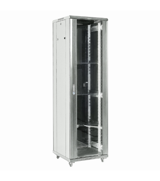 Напольный шкаф Rexant RAL 7035 19' 18U 600×600×987 (ШxГxВ), дверь стекло, металлическая задняя дверь, боковые съемные стенки