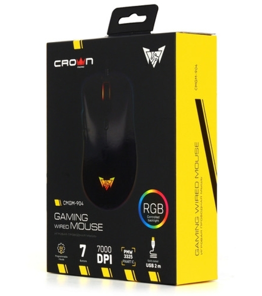 Мышь проводная Crown CMGM-904 черный, 7000 dpi, USB, кнопки - 7