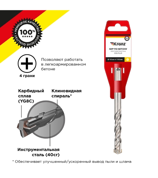 Бур по бетону Kranz 10x110x50 мм крестовая пластина SDS PLUS