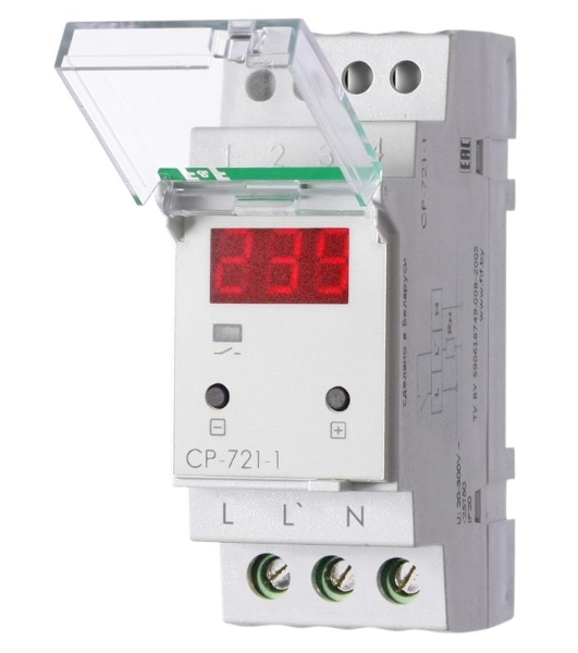 Реле напряжения CP-721-1 (однофазное; цифровая индикация; напряжение питания 50-450В контакт 1NO 63А встроен. таймер регистрация аварий в памяти индикация текущего напряжения) (аналог УЗМ) F&F EA04.009.013