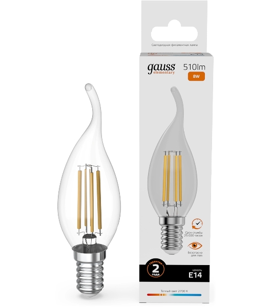 Лампа филам. Gauss Filament 8Вт цок.:E14 свеча св.свеч.бел.теп. (упак.:10шт) (42118)