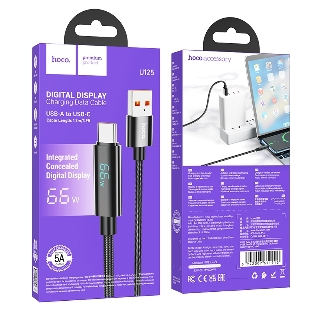 Кабель USB2.0 Hoco АM/Type-C, 5А, U125, с дисплеем, 1.2м, черный, коробка