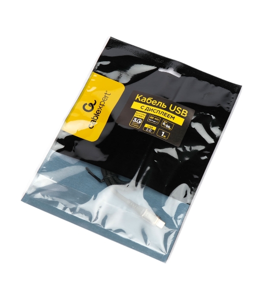 Кабель USB2.0 Cablexpert CCP-USB2-AMCM-SCR-1M, AM/Type-C, 6A, 66Вт, QC3.0, дисплей, оплетка, медь, 1м, черный, пакет