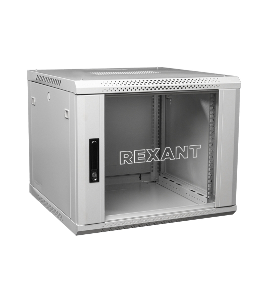 Настенный шкаф Rexant RAL 7035 19' 6U 600×600×368 (ШxГxВ), дверь стекло, металлическая задняя стенка, боковые съемные стенки
