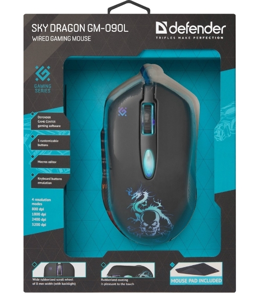 Мышь проводная Defender Sky Dragon GM-090L черный, 3200 dpi, USB, кнопки - 6