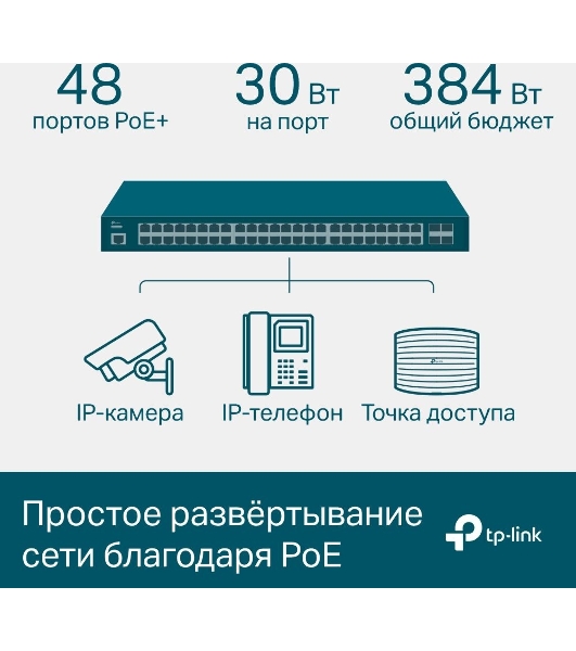 Коммутатор 48-port Gigabit PoE+ L2+ switch, 48 802.3af/at PoE+ ports, 4 Gb SFP slots, 1 RJ-45 + 1Micro-USB console ports, 348W PoE budget