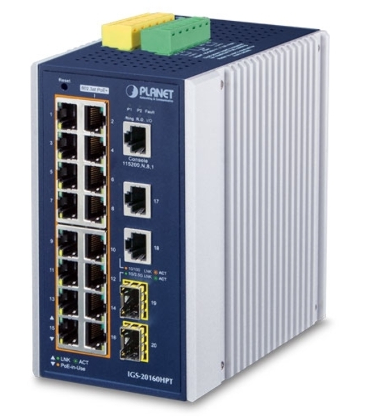 Коммутатор индустриальный PoE IGS-20160HPT для монтажа в DIN-рейку IP30 Industrial L2+/L4 16-Port 1000T 802.3at PoE+ 2-Port 1000T + 2-port 100/1000X SFP Full Managed Switch (-40 to 75 C, dual redundant power input on 48~56VDC terminal block, DIDO, ERPS Ring Supported, 1588)