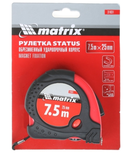 Рулетка Matrix Status magnet 3 fixations, 7,5 м х 25 мм, обрезиненный корпус, зацеп с магнитом