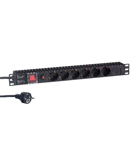 Блок розеток горизонтальный ExeGate ServerPro PDU-19H606 Al-6S-EU2-SW-O, 19', 1U, Алюминий, 6 Schuko, кабель с евровилкой VDE-250V-16A-3*1.5мм2, 2 метра, выкл. с подсветкой, защита от перегрузки, черный
