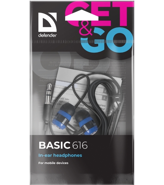 Проводные наушники Defender Basic 616 черный/синий, внутриканальные, Jack 3.5 мм