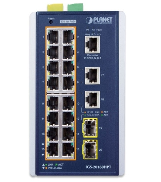 Коммутатор индустриальный PoE IGS-20160HPT для монтажа в DIN-рейку IP30 Industrial L2+/L4 16-Port 1000T 802.3at PoE+ 2-Port 1000T + 2-port 100/1000X SFP Full Managed Switch (-40 to 75 C, dual redundant power input on 48~56VDC terminal block, DIDO, ERPS Ring Supported, 1588)