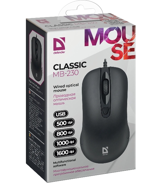 Мышь проводная Defender Classic MB-230 черный, 1600 dpi, USB, кнопки - 4