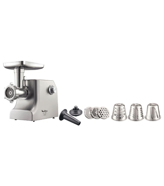 Мясорубка электрическая Moulinex ME858D32 серебристый, 2100 Вт, 5.5 кг/мин, реверс, защита от перегрузки, насадки - 8