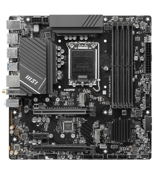 Материнская плата MSI PRO B760M-A WIFI, LGA 1700, Intel B760, 4xDDR5, 4xSATA, 2xM.2, 1xPCI-E 4.0 x16, 1xPCI-E 4.0 x4, 2xHDMI, 2xDP, 1x2.5Gb LAN, 2xUSB-A 2.0, 2xUSB 3.2 Gen 1, 2xUSB 3.2 Gen 2, 3x3.5 мм, 7.1, Micro-ATX