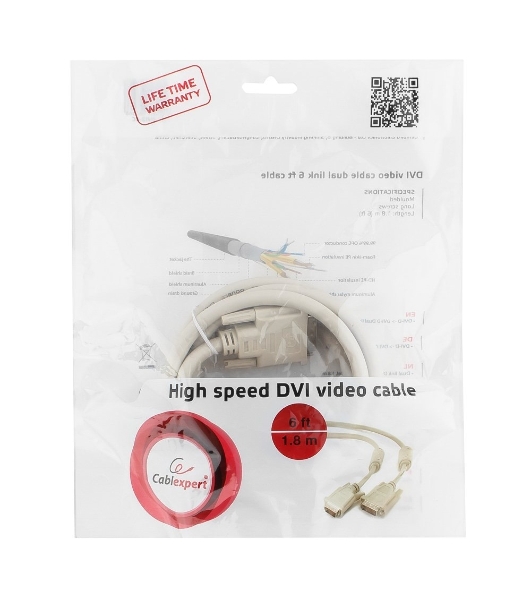 Кабель DVI-D dual link Gembird/Cablexpert CC-DVI2-6C, 25M/25M, 1.8м, экран, феррит.кольца, пакет