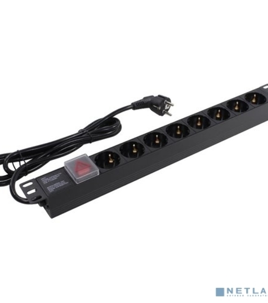 Блок розеток горизонтальный ExeGate ServerPro PDU-19H803 Al-8S-EU2-SW, 19', 1U, Алюминий, 8 Schuko, кабель с евровилкой VDE-250V-16A-3*1.5мм2, 2 метра, выкл. с подсветкой, черный